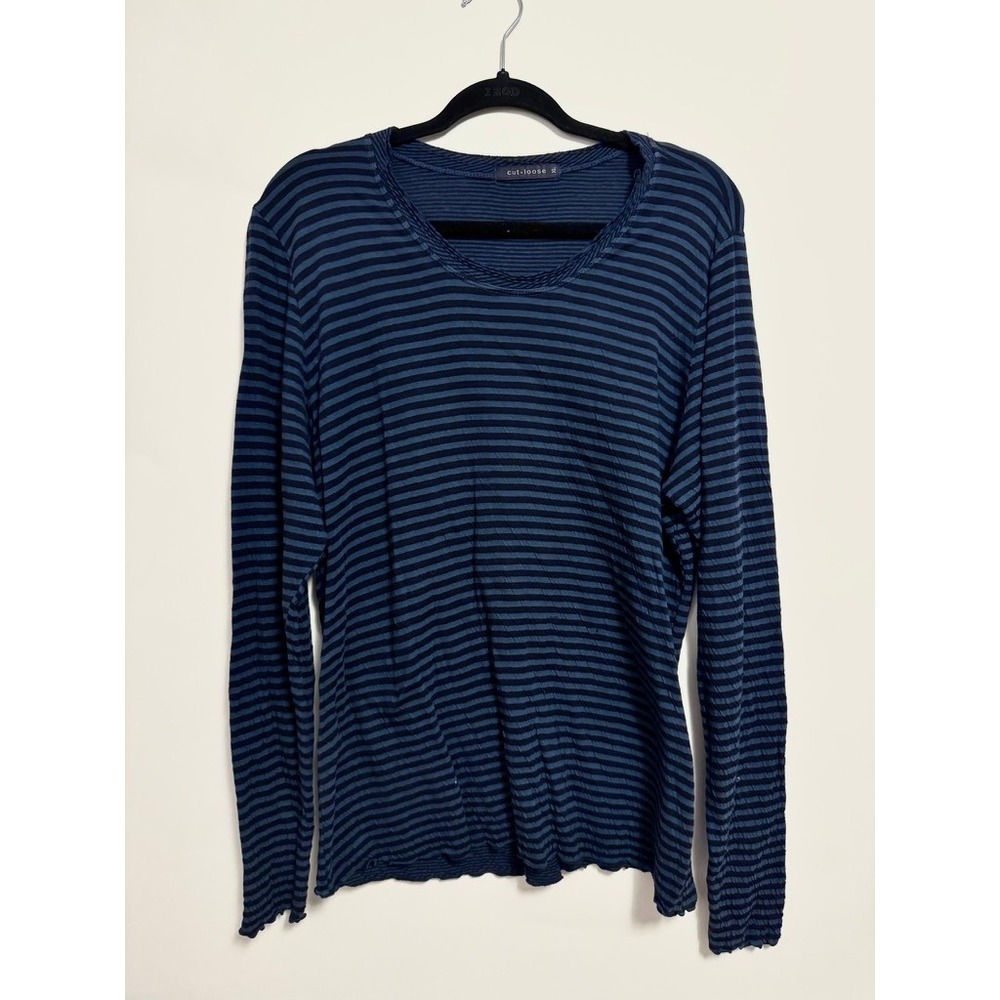Cut Loose Striped Long Sleeve Tee XL Blue Navy Scoop Neck Lagenlook Casual Basic